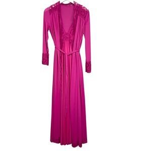 Vtg Olga 9702 Bodysilk Peignoir Set Hot Pink Lace Empire Waist Robe Nightgown S